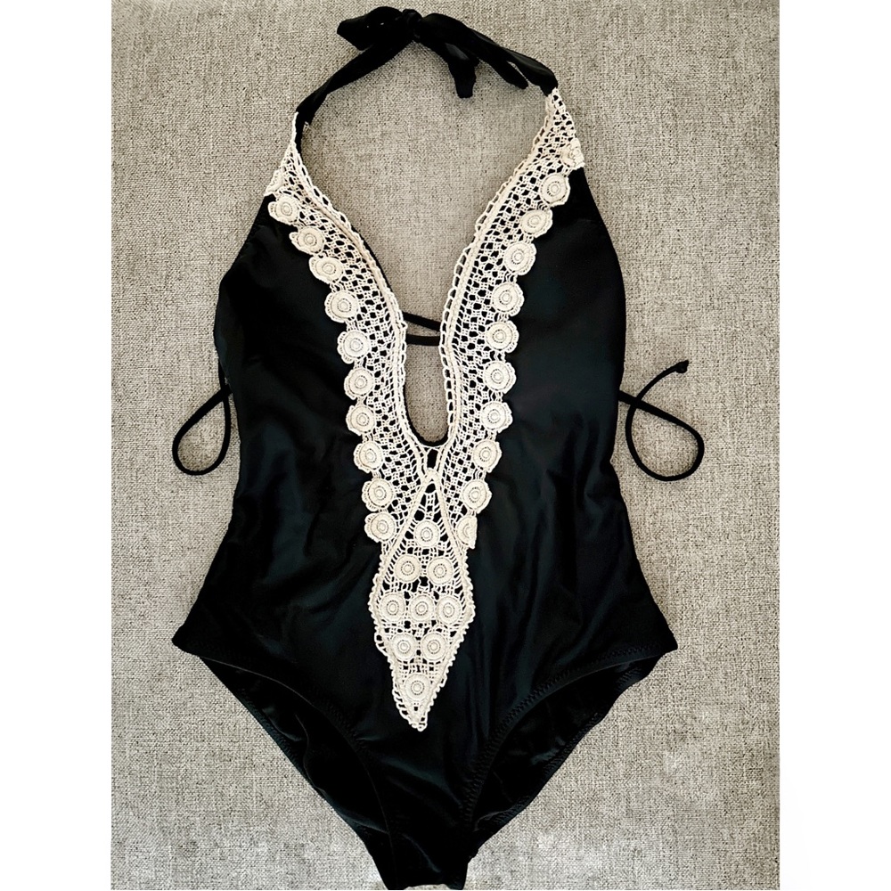 Black Crochet Trim Plunge One Piece Swimsuit size Small